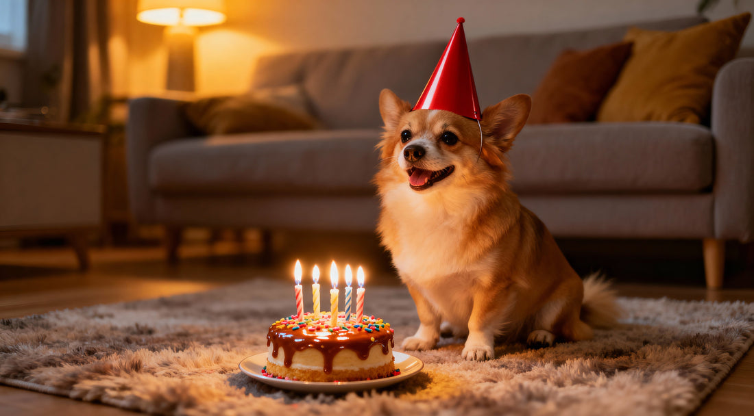 a dog celebrating his birthday wearing a birthday cone on his head and with a birthday cake in front of him. a warm cozy indoor environment