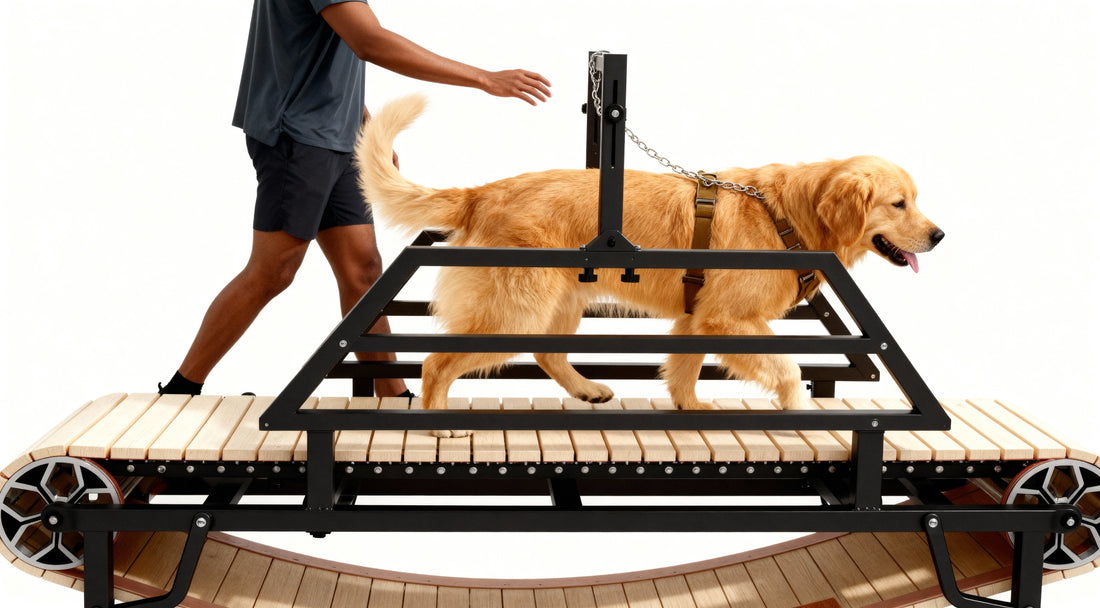 an owner training their golden retriever on how to use a manual treadmill
