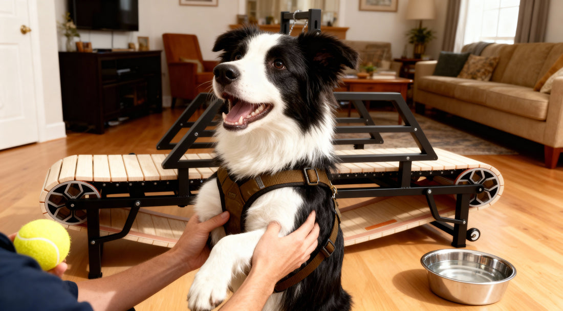dog is in owner's hands looking at the dog treadmill very eagerly, as if wanting to run on it really badly in a normal home environment.