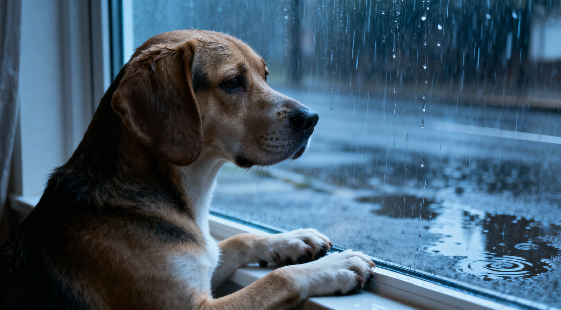 dog staring out the window sadly, it is raining heavily outside and the dog can't go on a walk