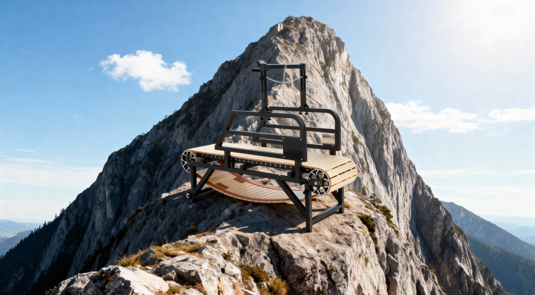 dog treadmill at the peak of a large mountain, the sky is clear with a few clouds and very sunny (no dog)