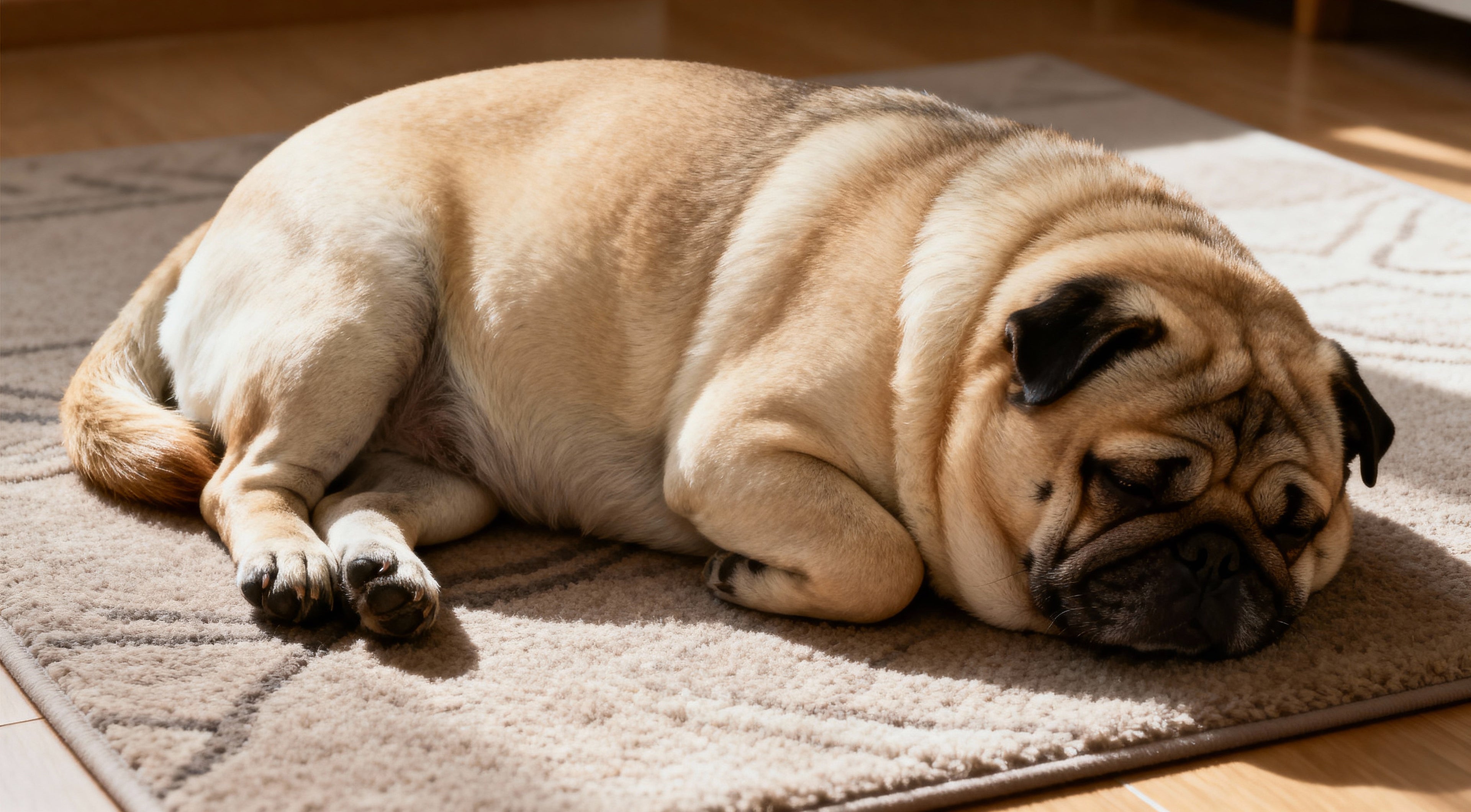 an obese dog laying on the floor mat