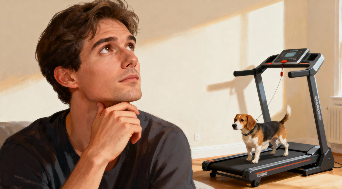 someone with their hand on chin and eyes pointed in the top right corner as if in deep thought and wondering about something, they are wondering about manual dog treadmills