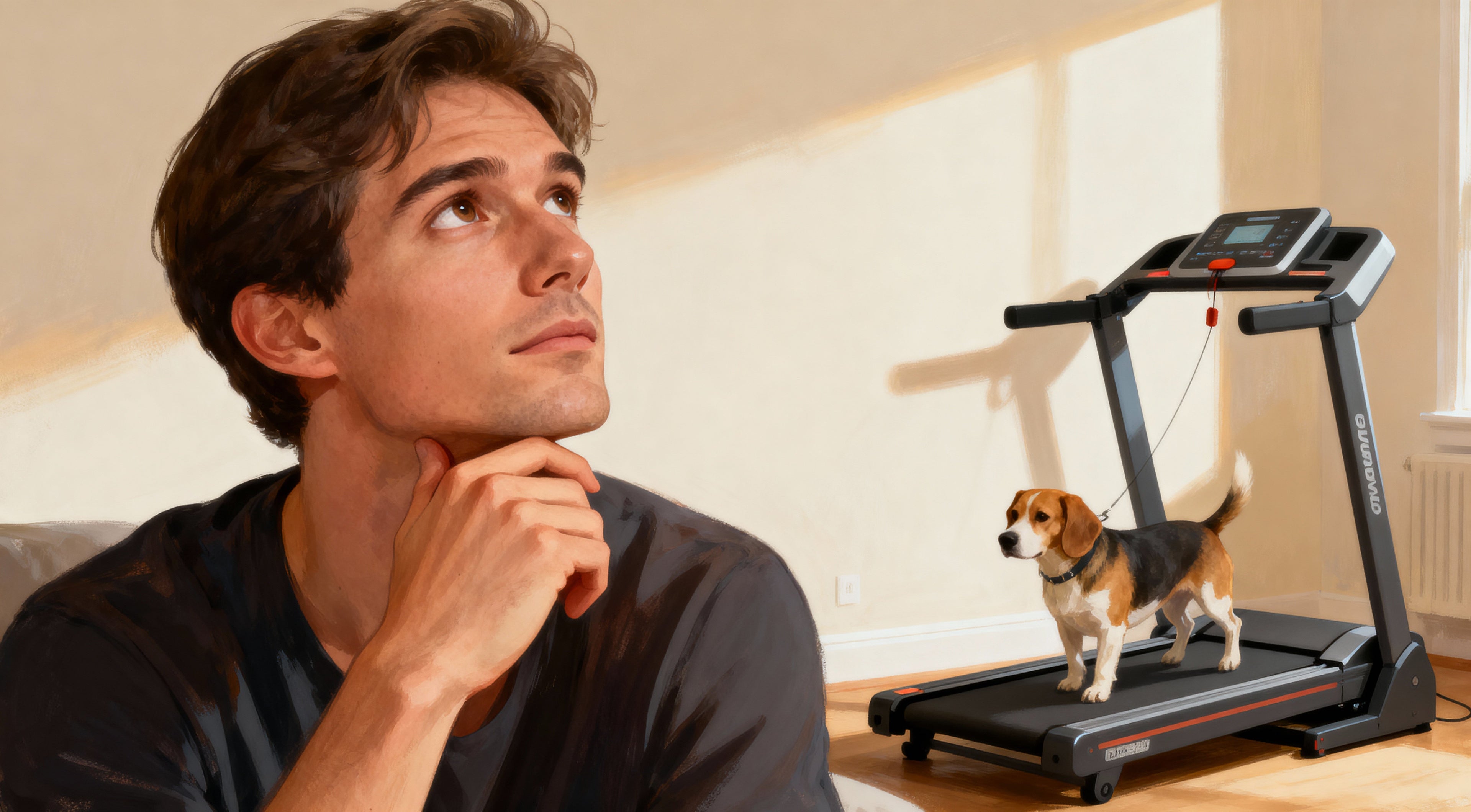 someone with their hand on chin and eyes pointed in the top right corner as if in deep thought and wondering about something, they are wondering about manual dog treadmills