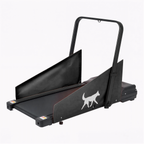 Angled Electric/Motorized dog treadmill with a black frame and black flaps on a white background