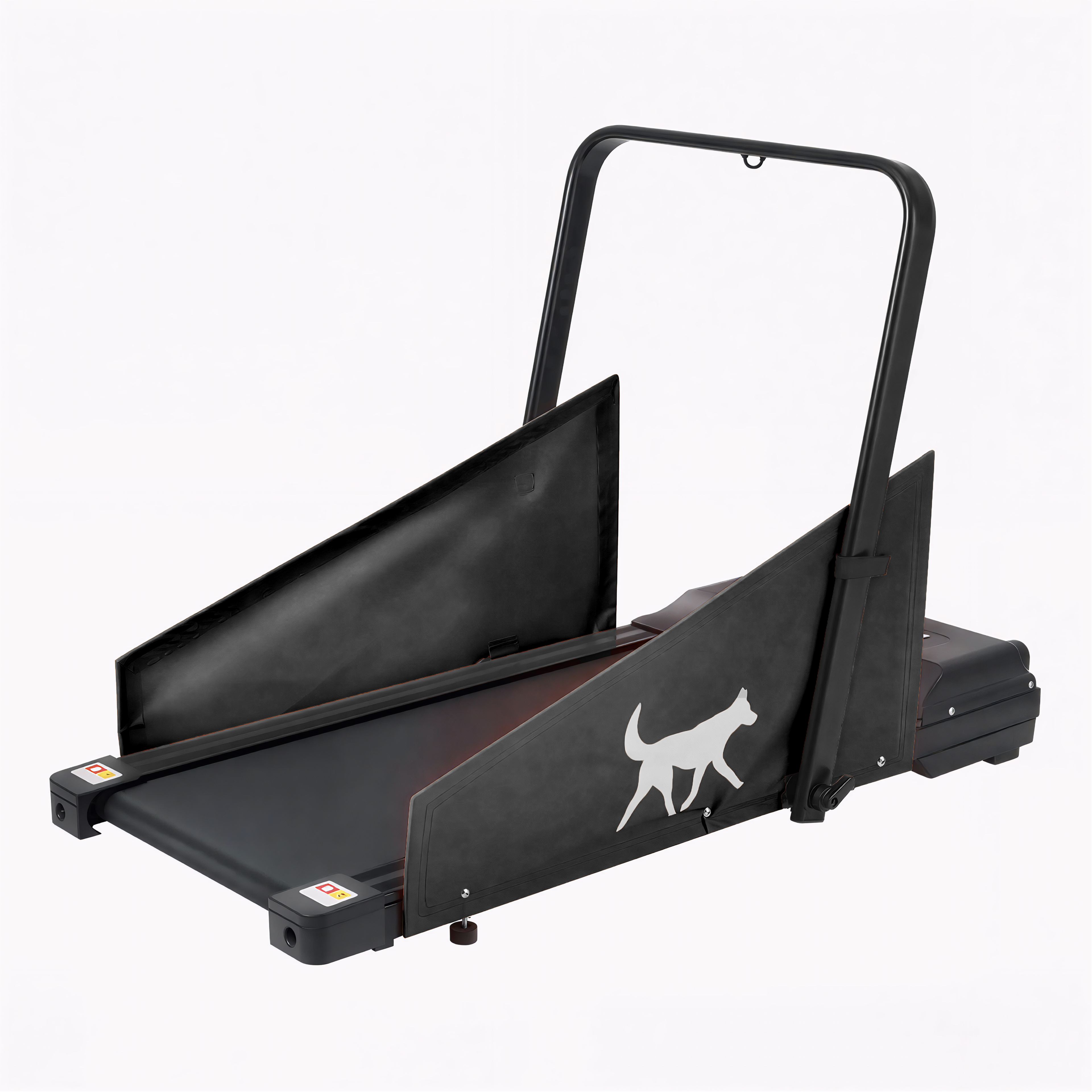 Angled Electric/Motorized dog treadmill with a black frame and black flaps on a white background