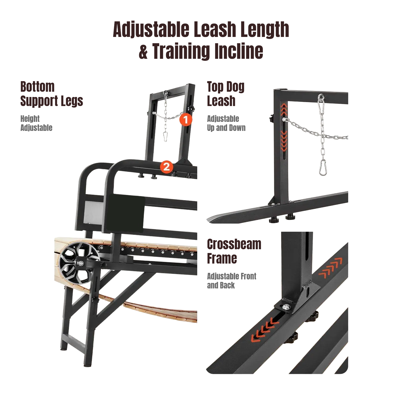 Dog manual treadmill with adjustable features labeled on a white background