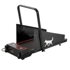 Electric/Motorized dog treadmill with a black frame and black flaps on a white background