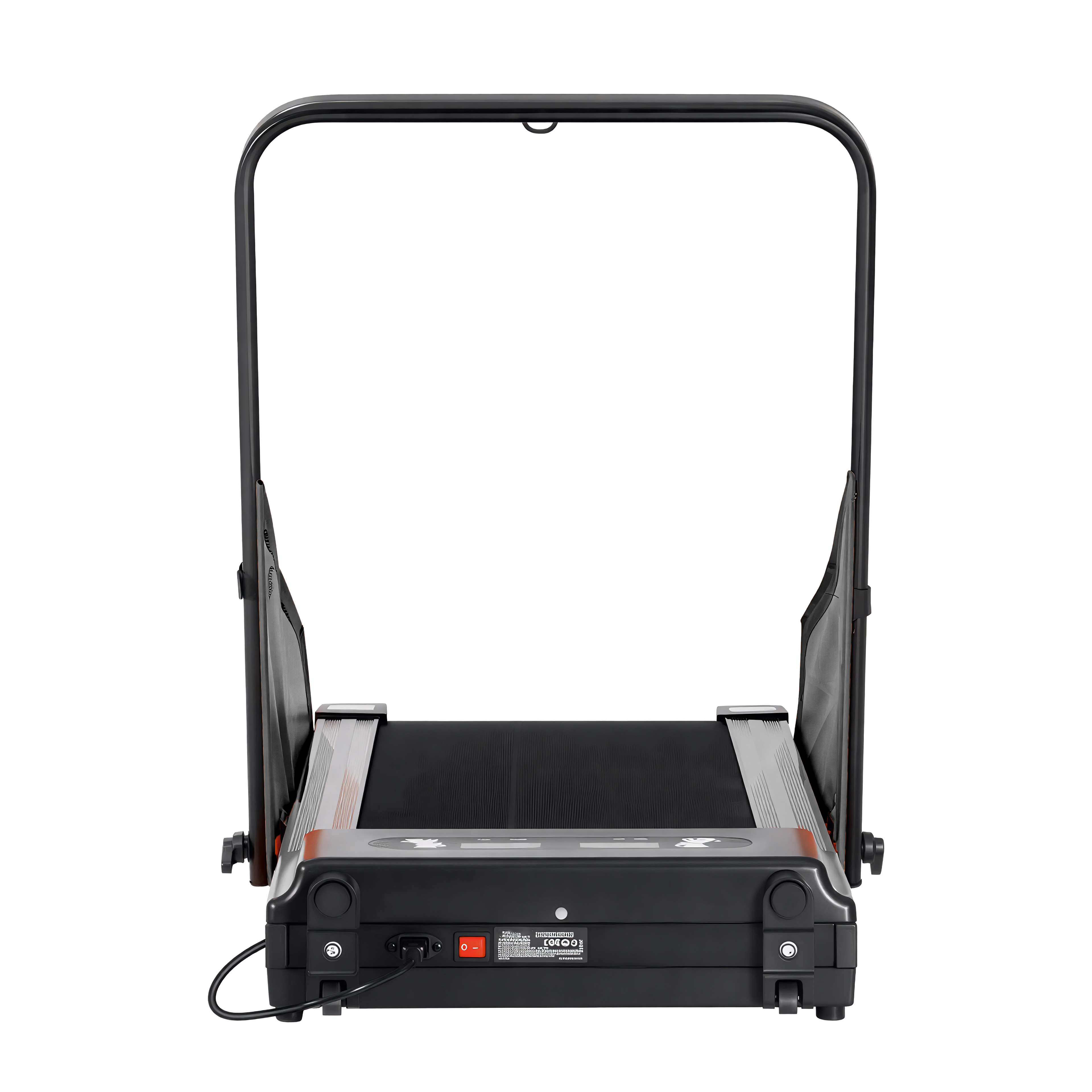 Front facing portable electric dog treadmill with handlebar on a white background