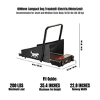 K9Move Compact Dog Treadmill with dimensions and specifications on a white background