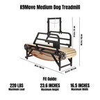 K9Move Medium Manual Dog Treadmill with dimensions and specifications on a white background