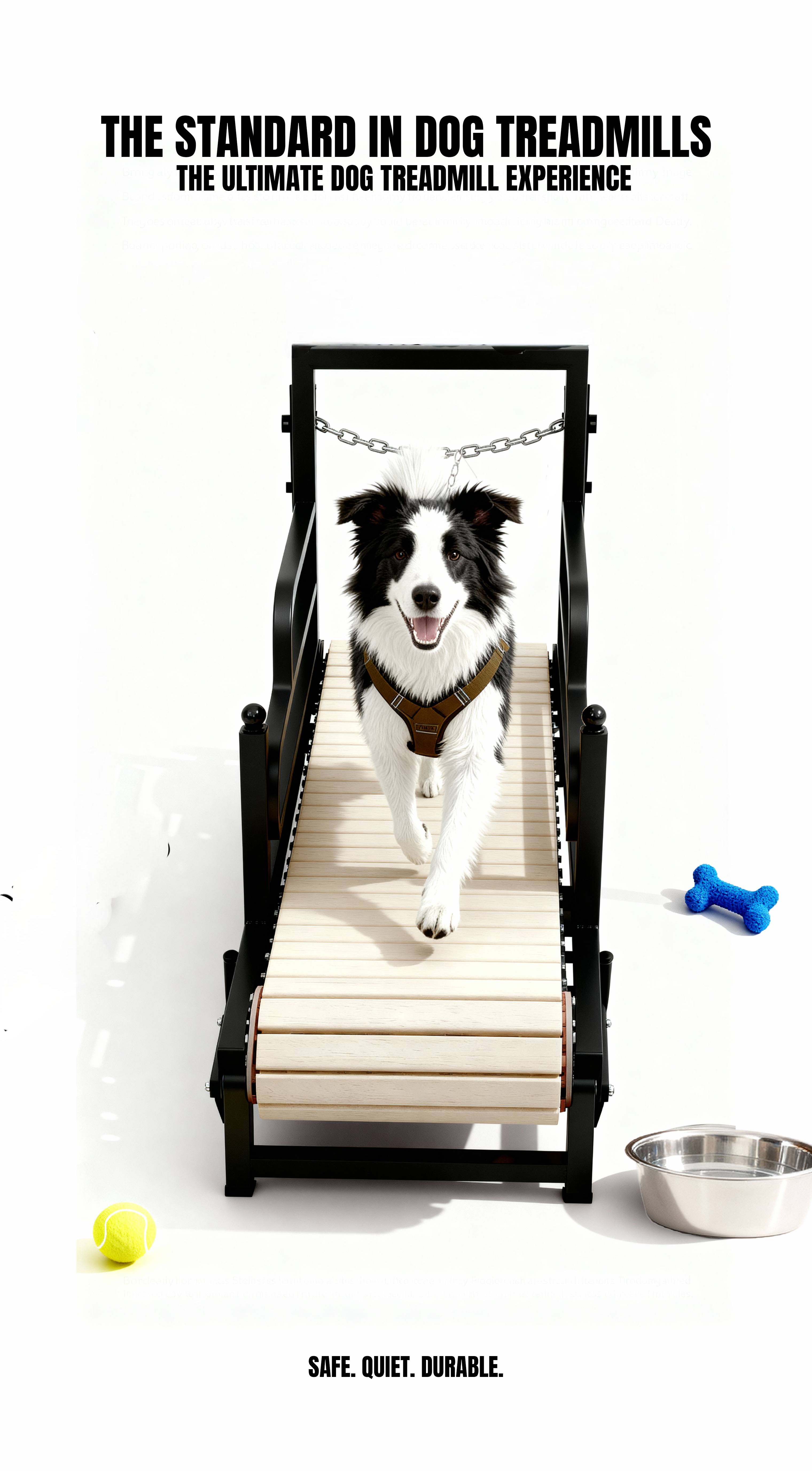 Manual dog treadmill with a border collie running on it, on a white background