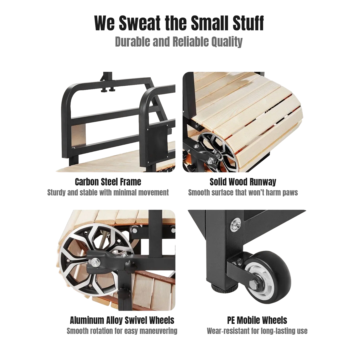 Manual dog treadmill features with text highlighting durability and reliability, including carbon steel frame, solid wood runway, aluminum alloy swivel wheels, and PE mobile wheels.