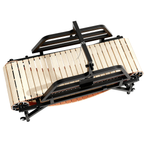 Top-down view of a wooden manual dog treadmill with black metal frame on a white background