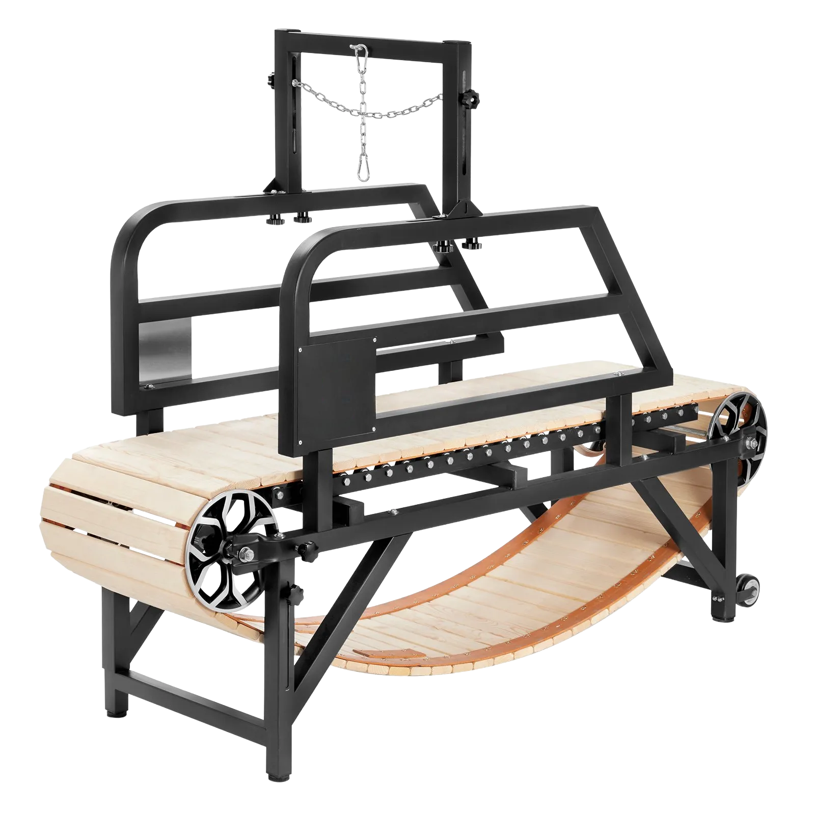 Wooden dog treadmill with alloy wheels and a metal frame on a white background