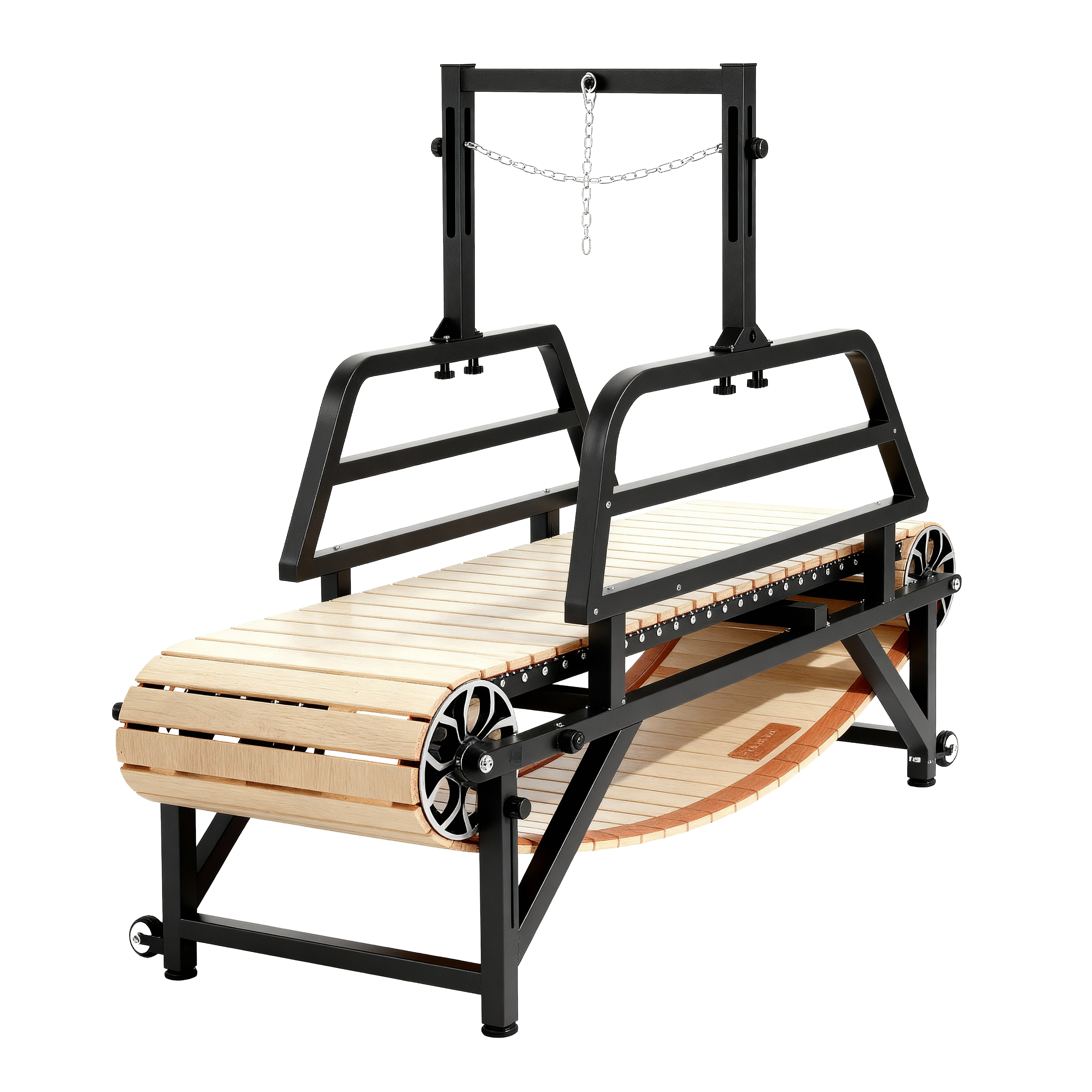 Wooden dog treadmill with metal frame on a white background at a side angle