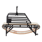 Wooden manual dog treadmill with black metal frame and alloy wheels on a white background