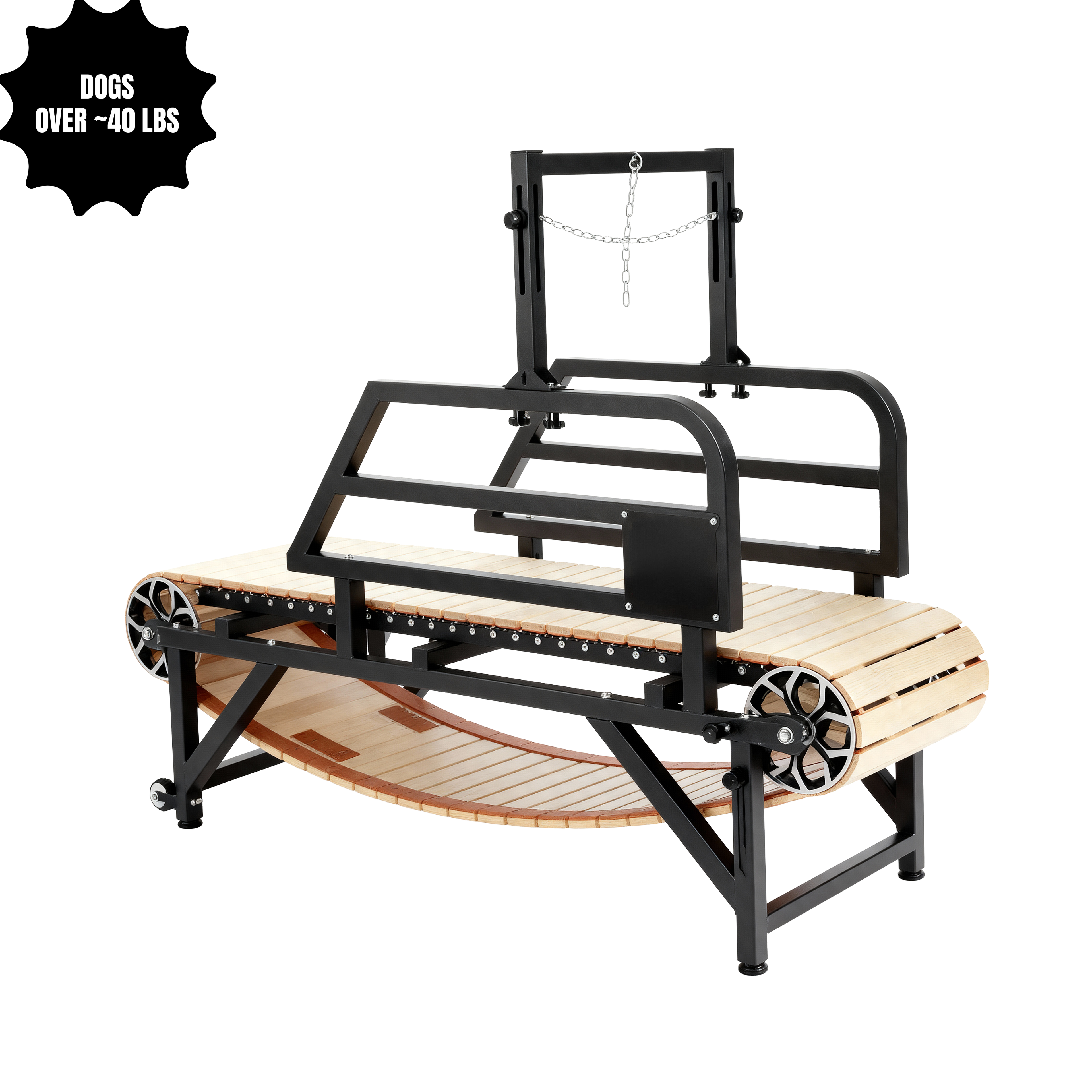Wooden manual large dog treadmill with metal frame for dogs over 40 lbs on a white background