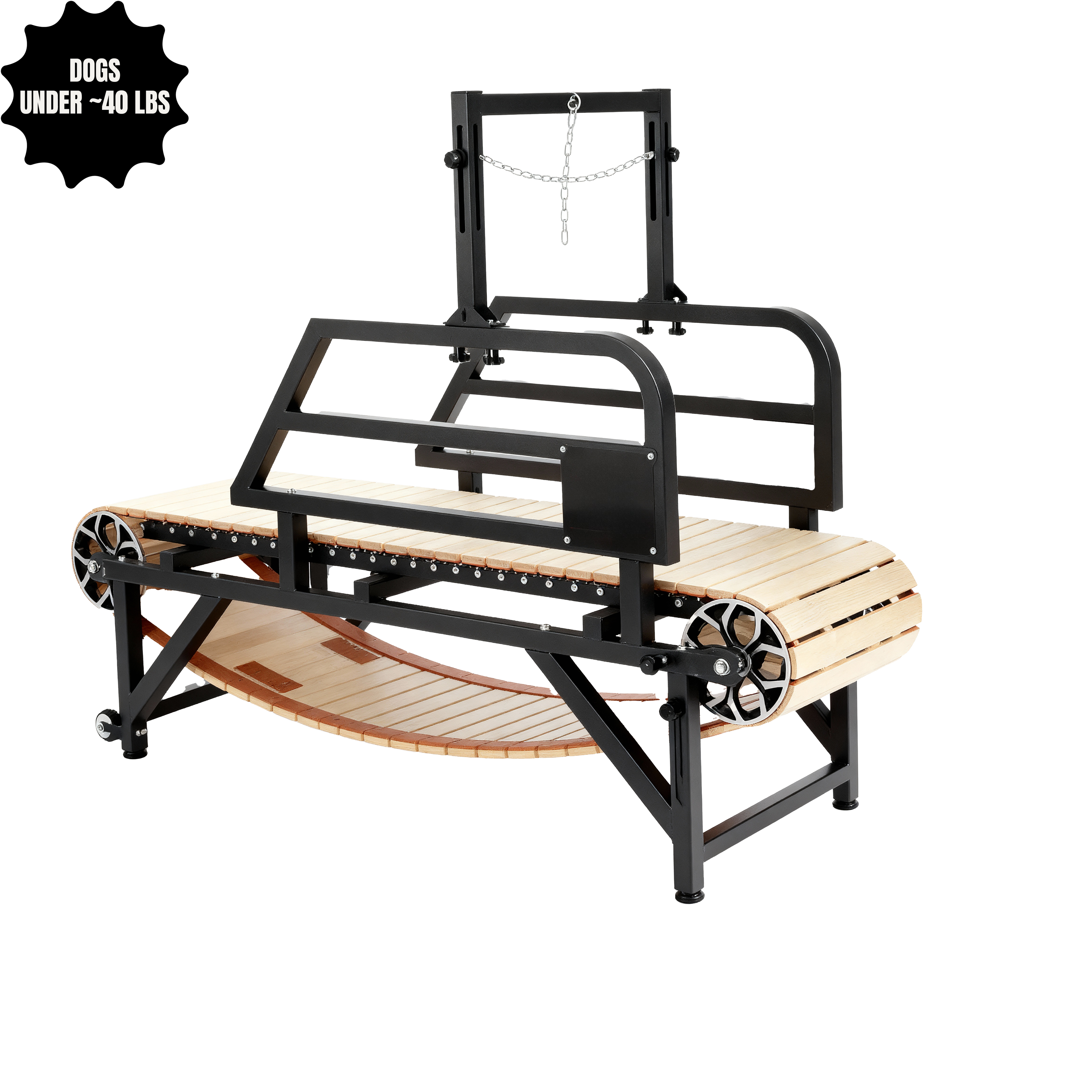 Wooden manual medium dog treadmill with metal frame for dogs under 40 lbs on a white background