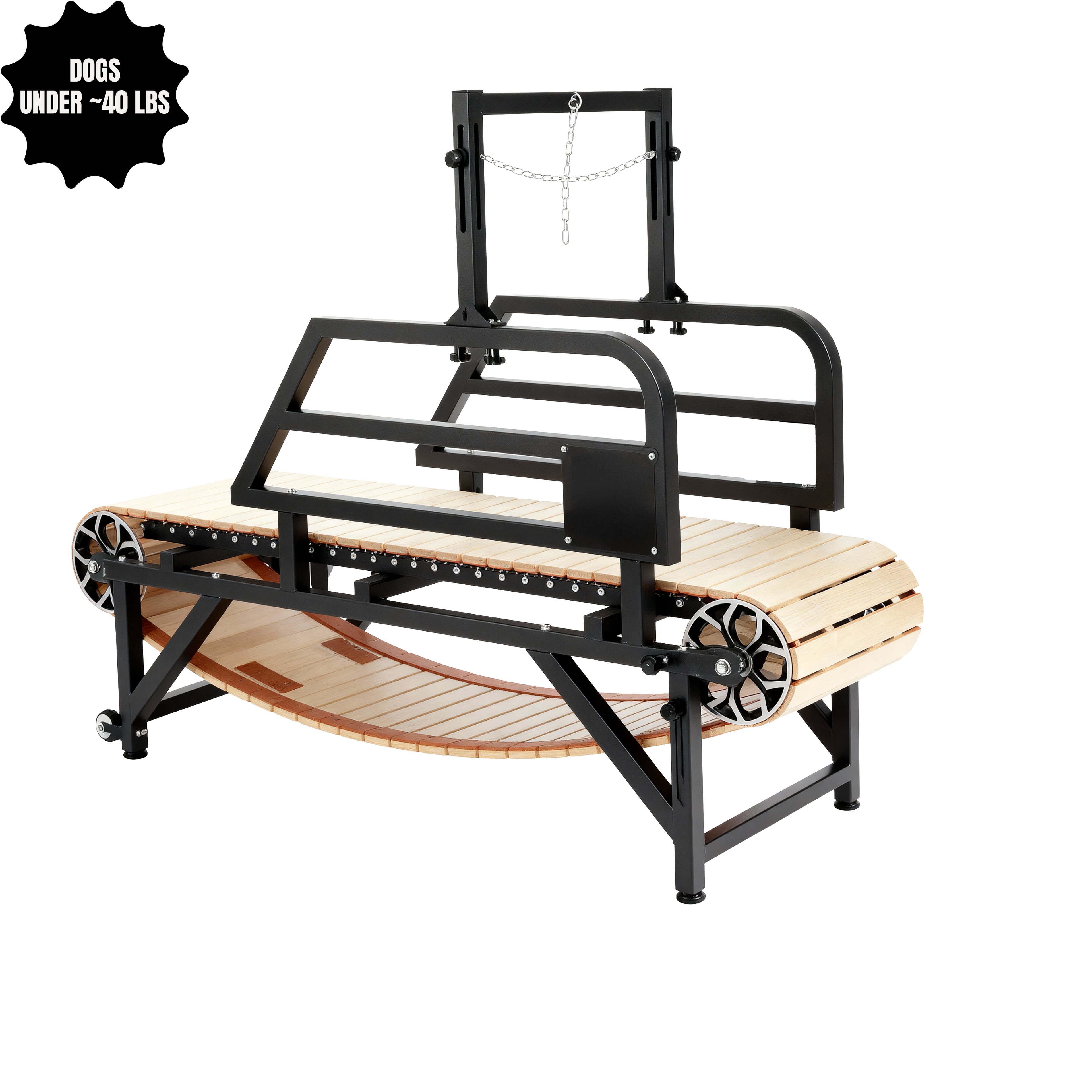 Wooden manual medium dog treadmill with metal frame for medium sized dogs under 40 lbs on a white background
